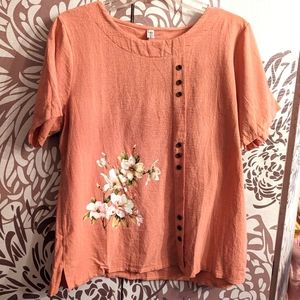 Linen peach top with flowers and buttons